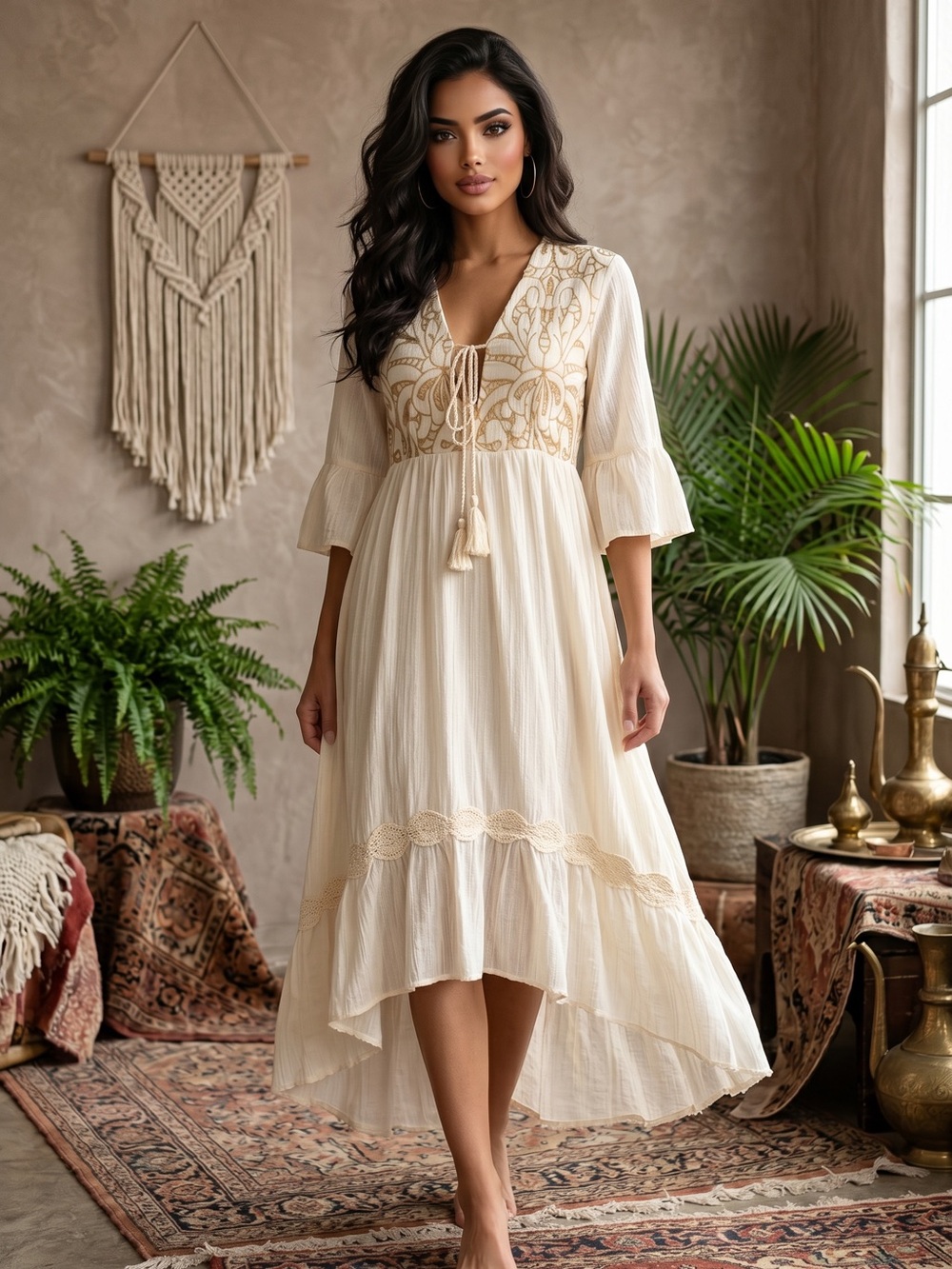 Boho High-Low Dress with Lace Trim - Cream